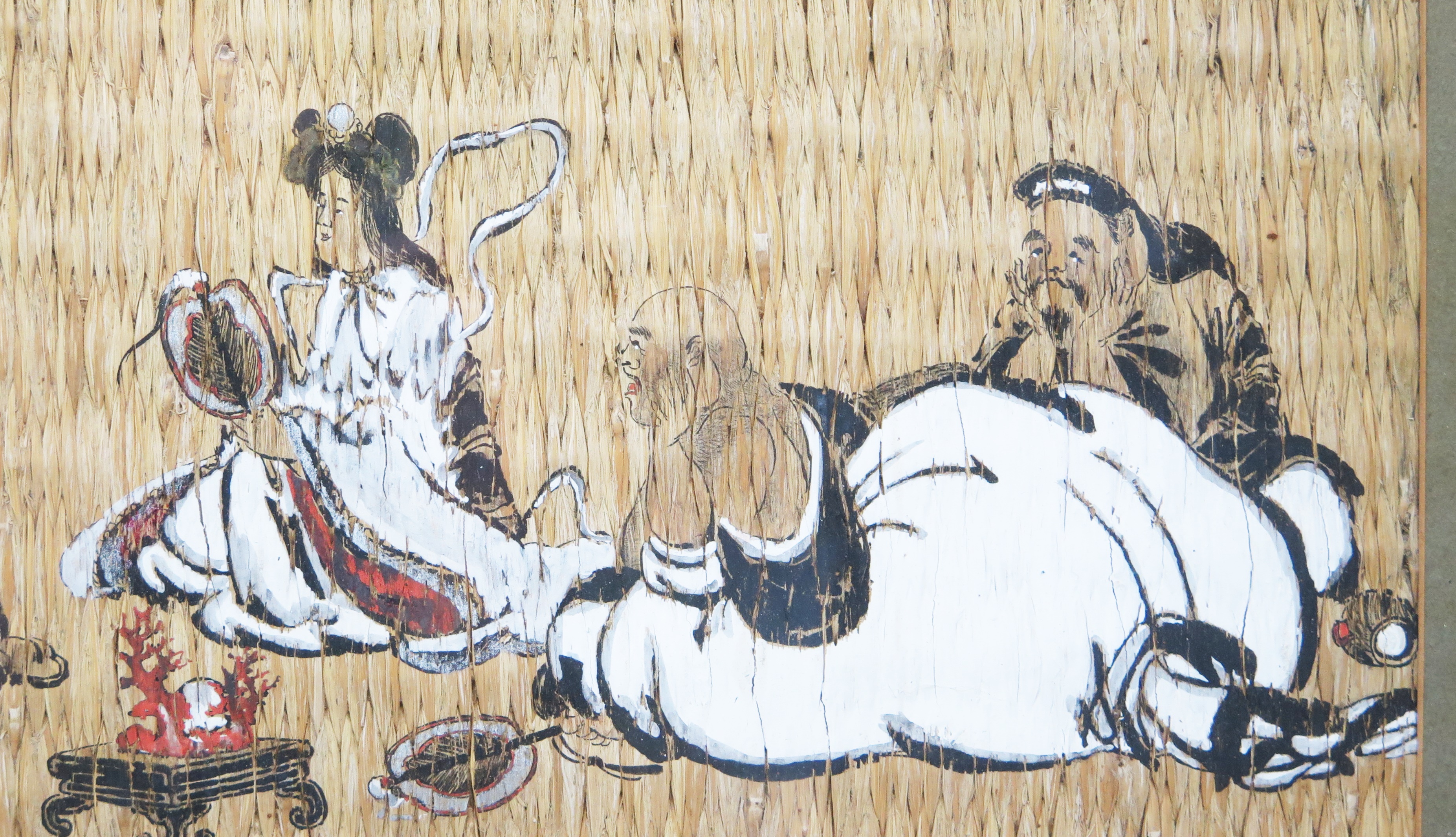A Chinese painting on woven matting depicting seven seated immortals, 16x 56cm F & G. - Image 5 of 5