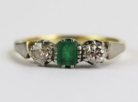 An 18ct Gold, Emerald and Diamond Three Stone Ring, 4x3.1mm emerald and 3.5mm old cushion cut