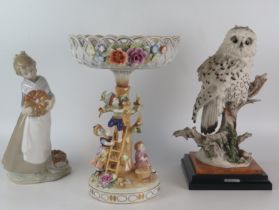 A Nao porcelain figure of a young girl with a pumpkin, a continental porcelain centrepiece, and a