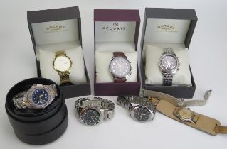 Three Rotary Wristwatches (running), two Sekonda (running), Accurisy (nneds battery) and one other