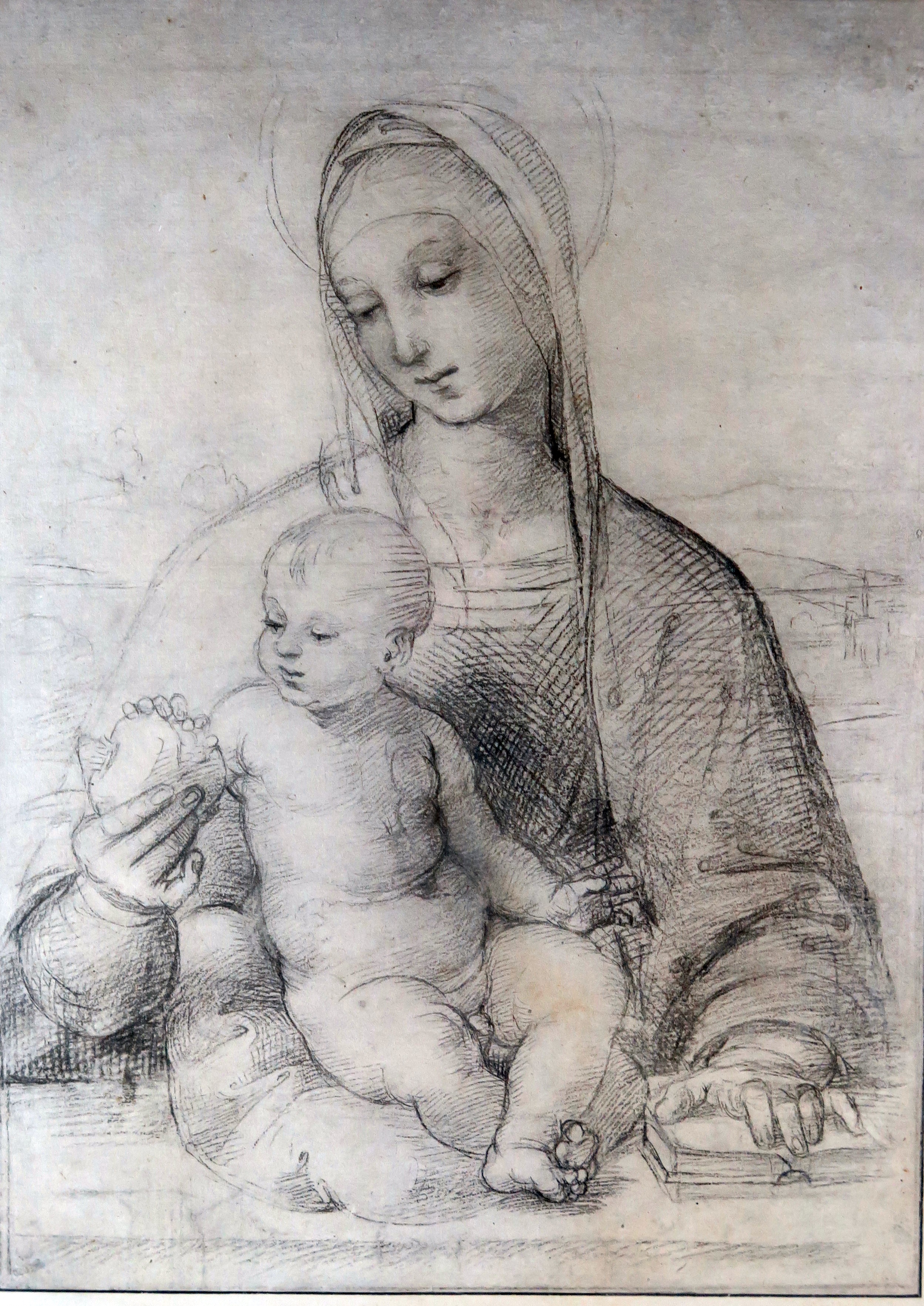 After Raphael, cartoon 'Madonna of the Pomegranate' monochrome print 42 x 31cm F & G
