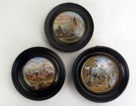 Three Prattware pot lids, 'The Village Wedding', 'Derby Day' and 'Mending the Nets' all in