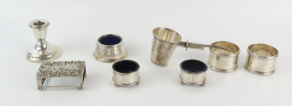 A mixed collection of silverwares, various makers and dates, includes a pair of salts, a pair of
