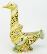 A Zsolnay Pecs pottery model of a bird, with pierced spiral decoration to the neck and body with