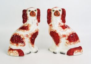 A pair of Victorian Staffordshire pottery King Charles spaniels, with orange ochre decoration,