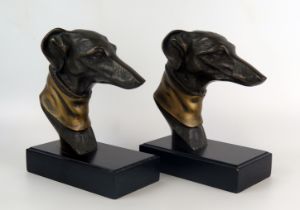 After John Richard, a pair of bronzed metal bust of whippets, mounted on rectangular bases, 22cm