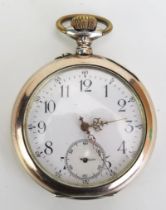 A Brequet Silver and Gilt Open Dial Keyless Pocket Watch with engraved crest to the back, 50mm case.