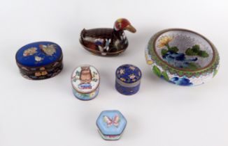 A Chinese cloisonné box and cover in the form of a duck, 10cm long, a cloisonné owl, 3cm diameter,