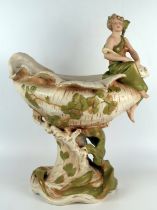 A large Royal Dux porcelain table centre-piece "Girl with lute on raised conch-shell", impressed