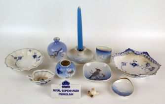 An assortment of Royal Copenhagen porcelain dishes, vase, bowl, candlestick advertising sign etc.
