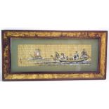 A Chinese painting on woven matting depicting seven immortals in fishing boats, 16 x 56cm F & G.