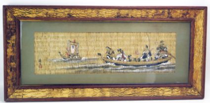 A Chinese painting on woven matting depicting seven immortals in fishing boats, 16 x 56cm F & G.