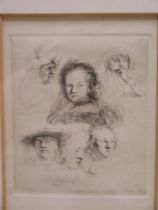A Print of an Engraving depicting studies of faces, signed Rembrandt 1636, 19 x 15cm, F & G