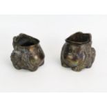 A pair of Japanese bronze vases in the form of toads with gaping mouths, one with a liner, 10cm high