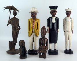 Three Senegal carved wooden and polychrome decorated figures including sailor, clergyman and