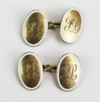 A Pair of 9ct Gold and Enamel Oval Cufflinks engraved with the initials PL, stamped 9C M&M, 8.39g