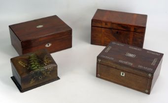 A Victorian papier mache stationery box, 16.5cm wide, a walnut tea caddy and two other boxes. (4).