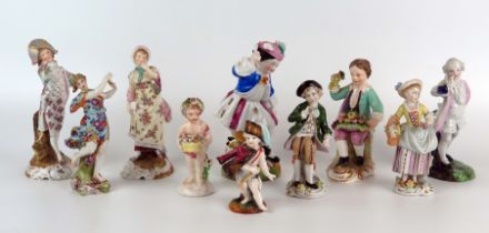 A group of ten mostly German porcelain figures of gallants, ladies and putti, various sizes