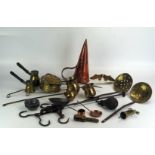 A Farrow & Jackson type brass corkscrew, assorted kitchenalia including chestnut roaster, brass