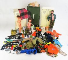Action Man Figure and accessories, some early pieces, 2 Sindy Wardrobes and 3 other dolls