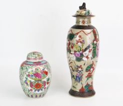 A late 19th century Chinese crackle glaze vase and cover of ovoid form decorated all over with