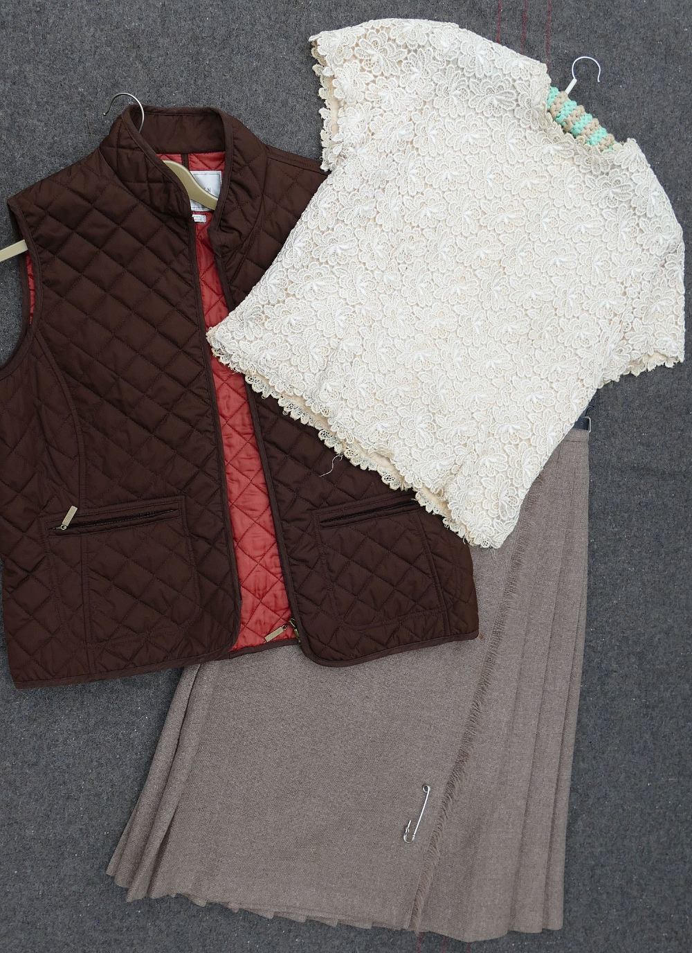 A Dermore of Mayfair blouse, a vintage woollen pleated shirt and a Van Heusen brown ladies quilted - Image 2 of 3