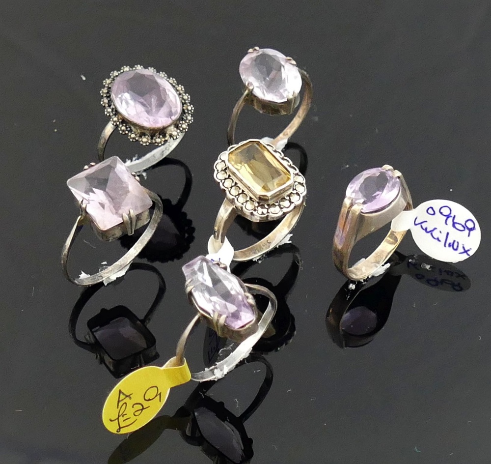 A collection of 12 amethyst and citrine set rings, including some set with marcasite, most - Image 2 of 3