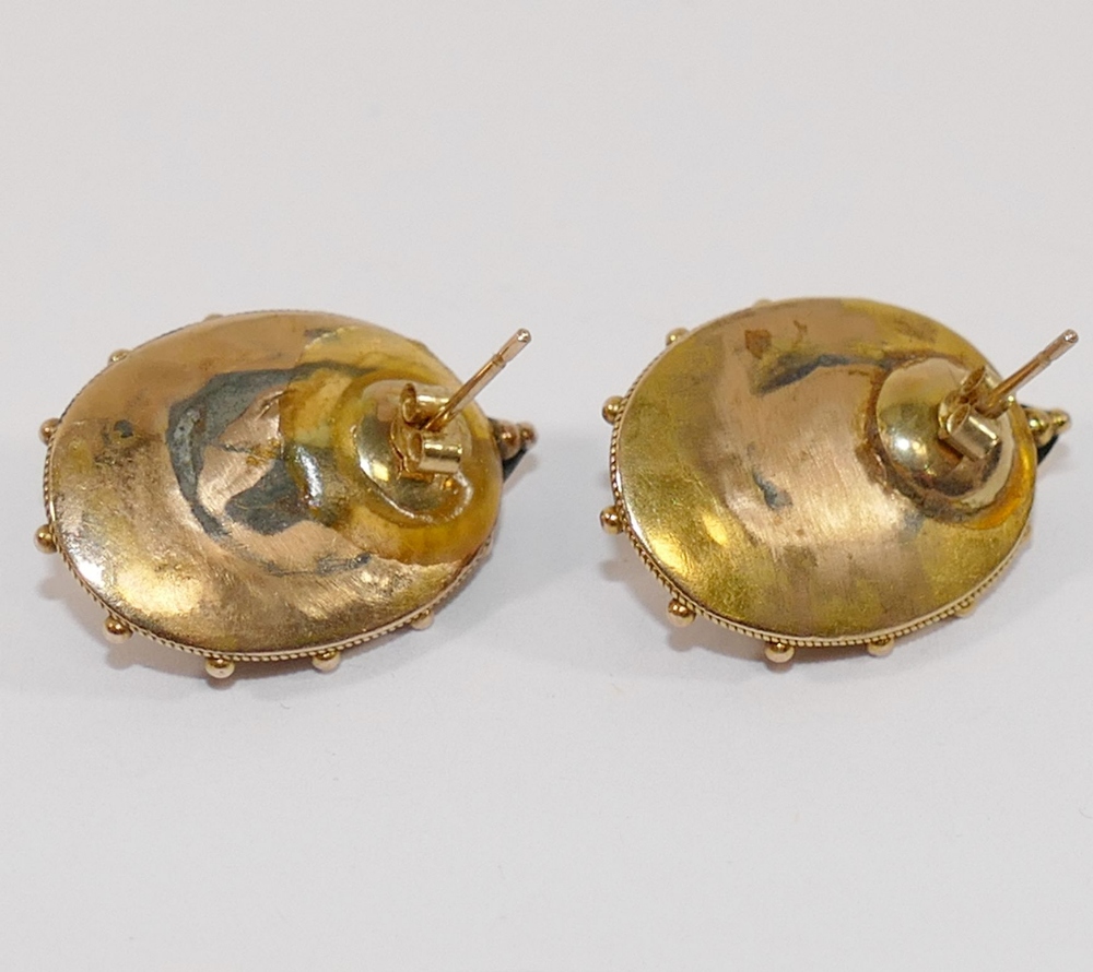 A pair of Victorian hollow gold oval earrings, each centrally set with a half seed pearl, with later - Image 2 of 2