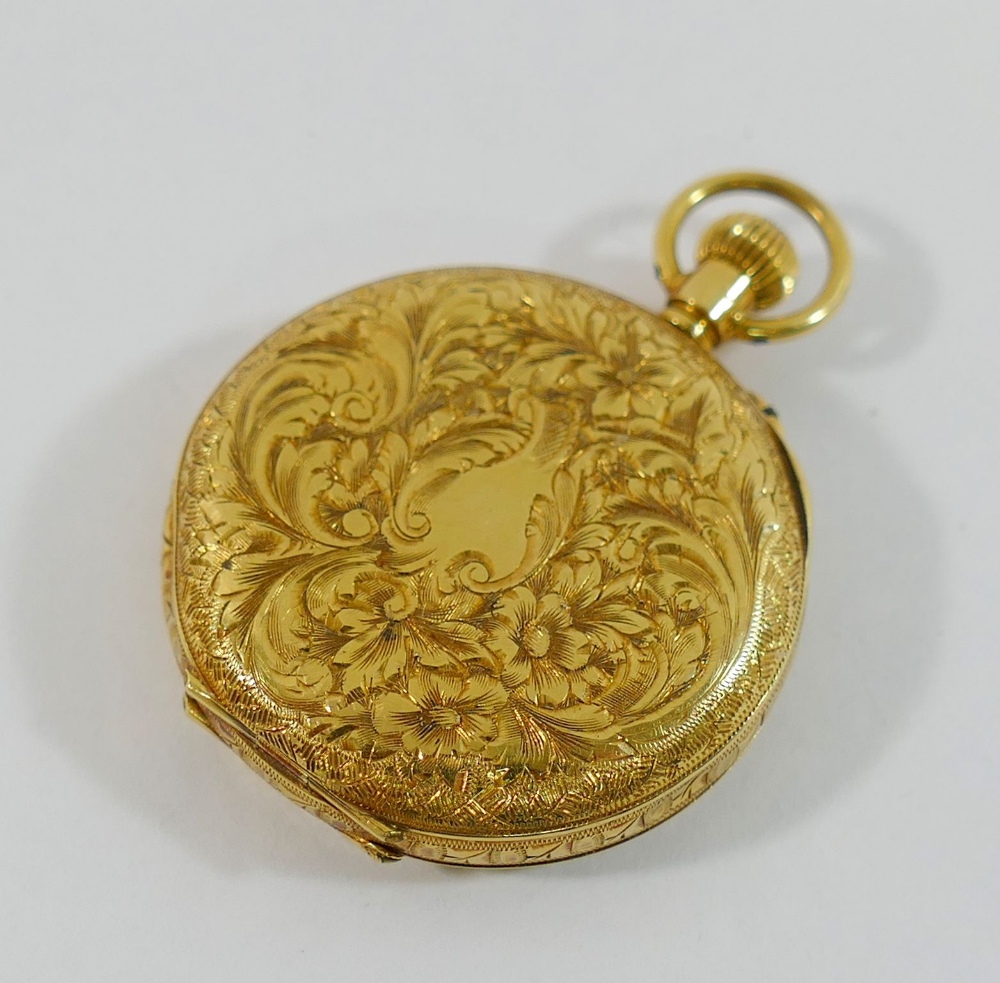 A ladies 18 carat gold cased Swiss keyless pocket watch, with white enamel dial, retailed by - Image 2 of 9