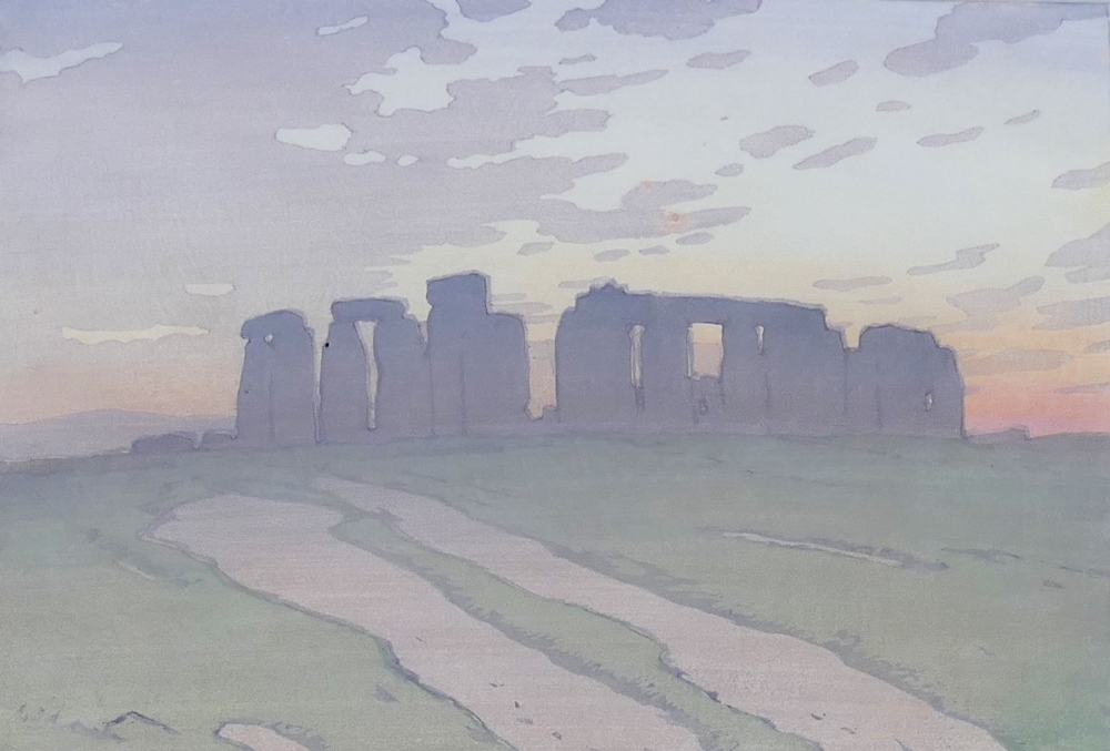 Allen William Seaby (1867 - 1953 British), Stonehenge, coloured woodcut print, signed in pencil to