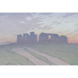 Allen William Seaby (1867 - 1953 British), Stonehenge, coloured woodcut print, signed in pencil to