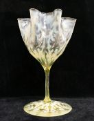 A large handblown Victorian uranium pedestal glass with wavy rim, 20cm high, and two other items