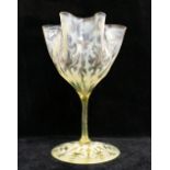 A large handblown Victorian uranium pedestal glass with wavy rim, 20cm high, and two other items