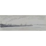 Sir David Muirhead Bone (1876-1953), estuary scene with boats, monochrome watercolour, signed