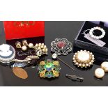 A small quantity of costume jewellery including paste set items and faux pearls, four wrist watches,