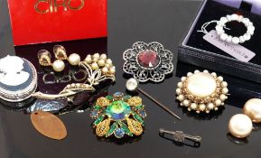 A small quantity of costume jewellery including paste set items and faux pearls, four wrist watches,