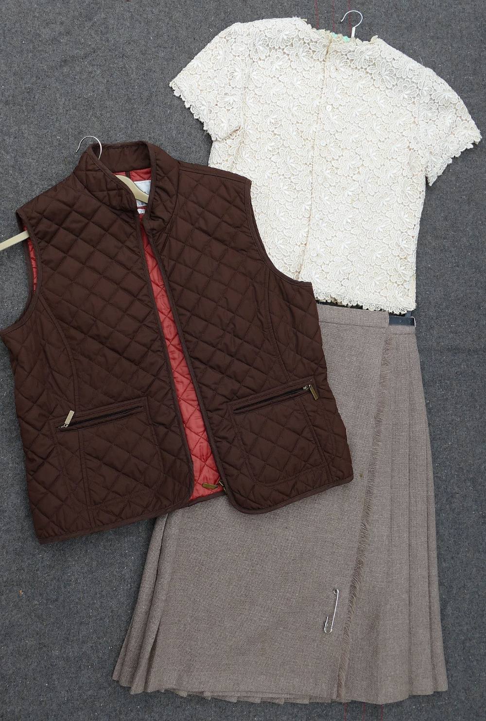 A Dermore of Mayfair blouse, a vintage woollen pleated shirt and a Van Heusen brown ladies quilted