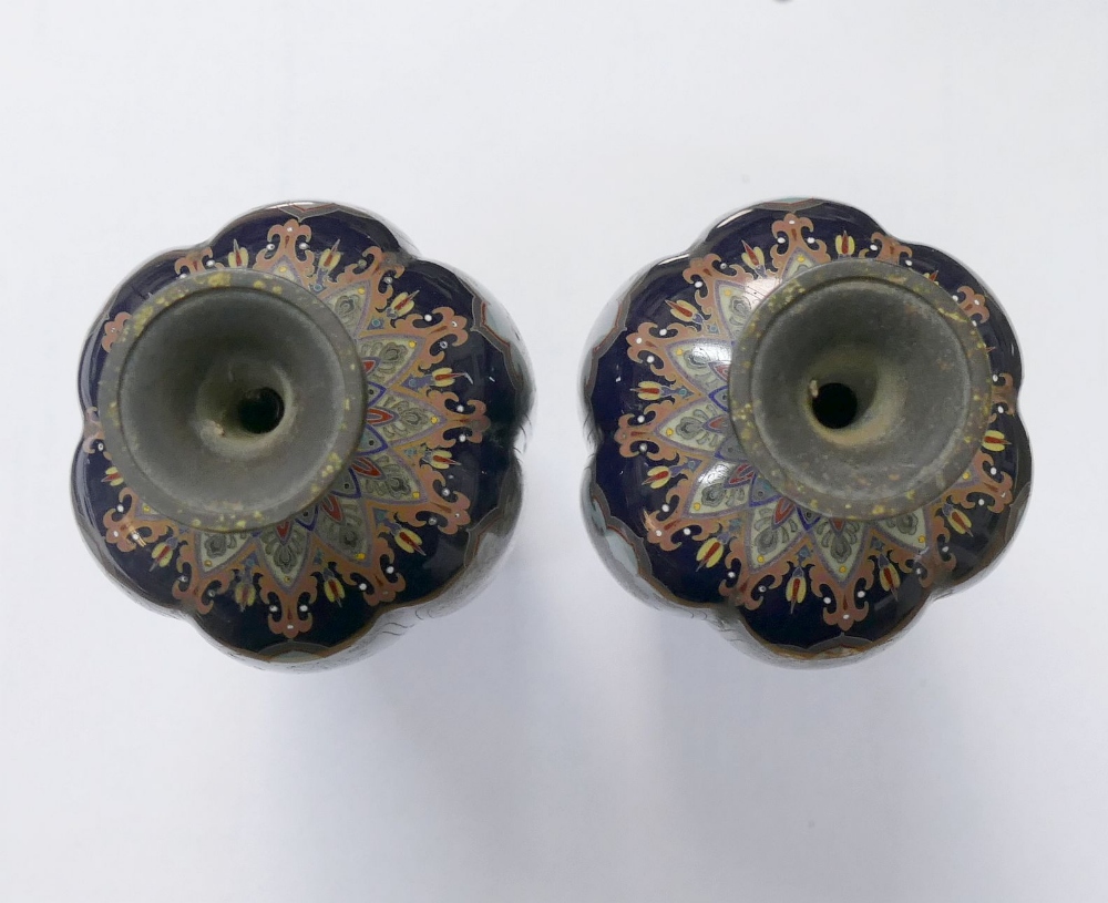 A pair of small Japanese Meiji period cloisonne vases, decorated with panels of flowers, unmarked, - Image 8 of 8