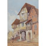 A pair of watercolours depicting 19th century European street scenes with figures and medieval