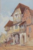 A pair of watercolours depicting 19th century European street scenes with figures and medieval