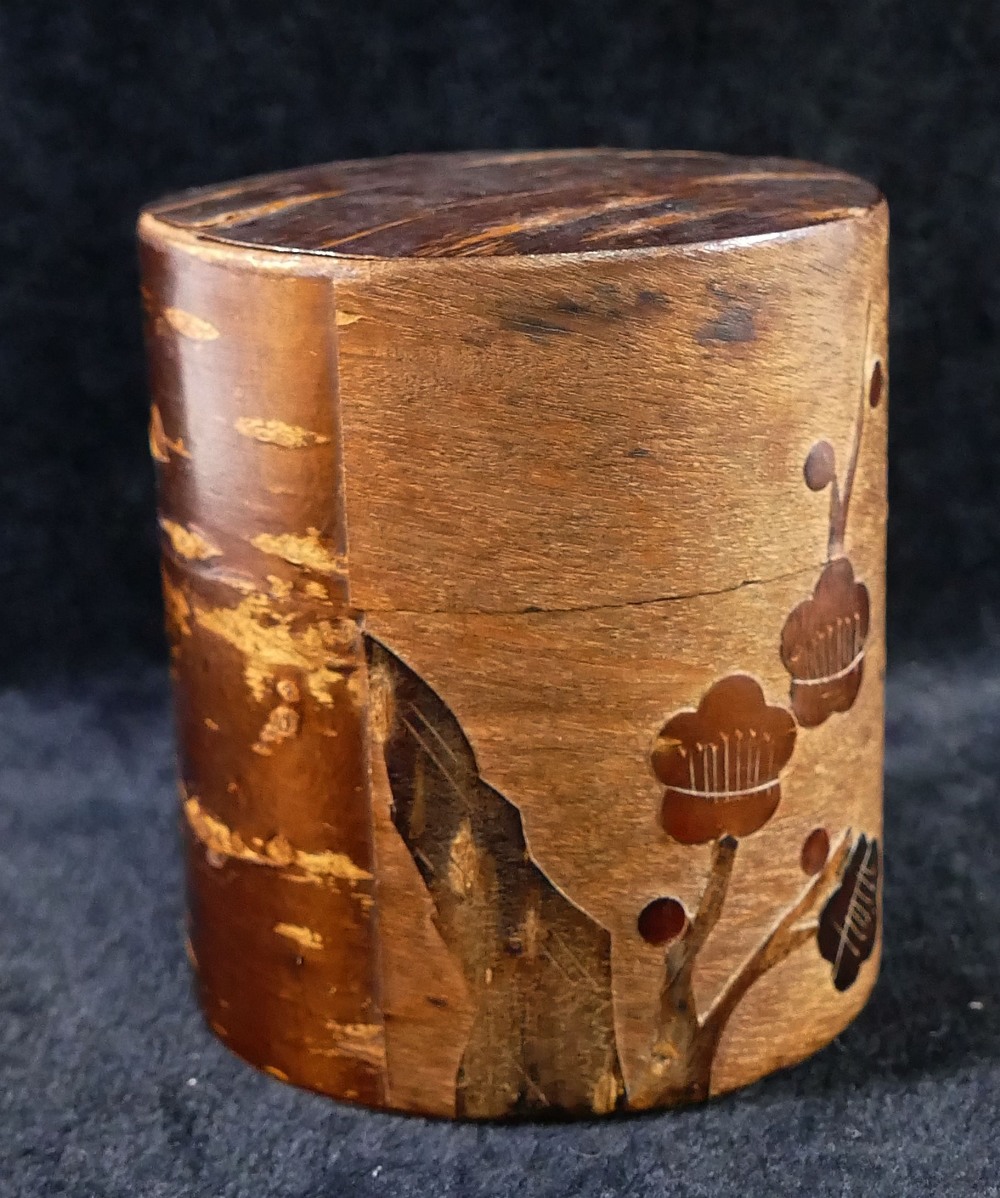 A Japanese Kabazaiku cherry bark decorated cylindrical tea caddy/canister, 8.3cm high x 7.2cm - Image 2 of 4