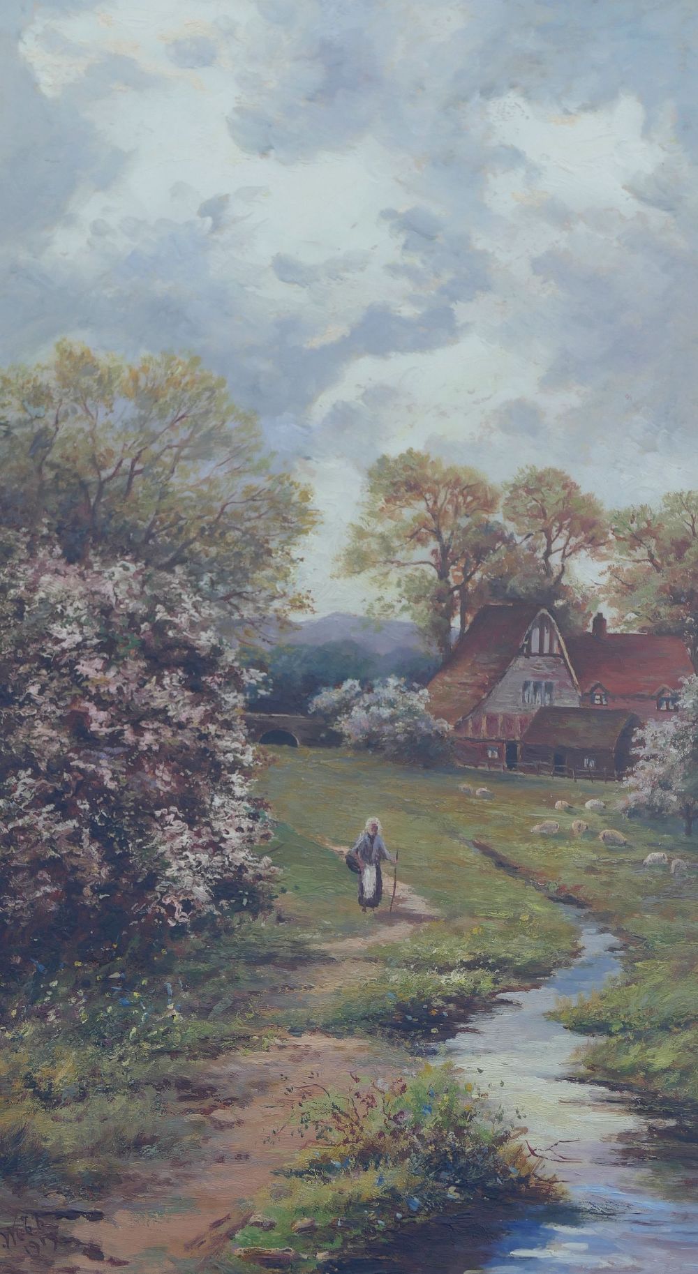 George Webb (19th/20th Century British), rural scene with sheep grazing and figure of a woman with - Image 2 of 7