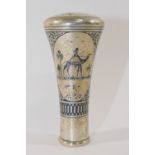 An Iraqi silver niello cane handle, finely decorated with a mosque, a figure riding a camel and a