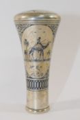 An Iraqi silver niello cane handle, finely decorated with a mosque, a figure riding a camel and a