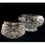 A pair of 19th century panel cut finger bowls, 13cm diameter, a cut glass biscuit jar with silver