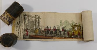 A Victorian printed and hand coloured linen backed paper scroll depicting the coronation on 28th