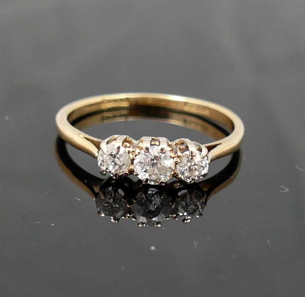 A diamond three-stone ring, the graduated old-cut stones approximately 0.15, 0.23 and 0.15 carats, - Image 2 of 4