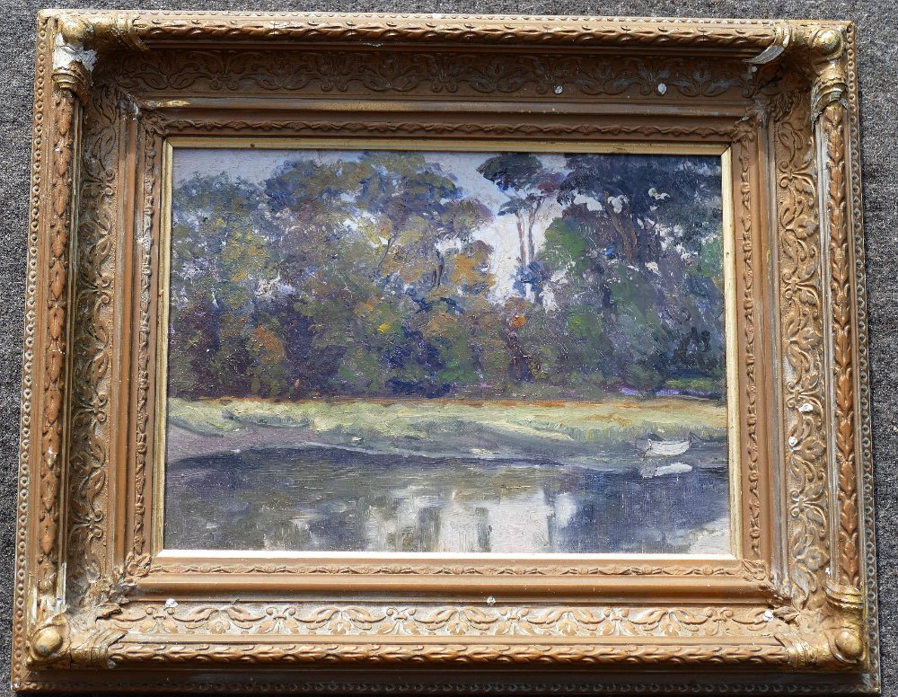 20th Century British, river scene with boat, oil on board, unsigned, 22cm x 29.5cm, housed in ornate - Image 2 of 3