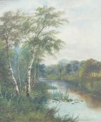 George Sinclaire (19th century British), river scene with silver birch trees to the fore, oil on