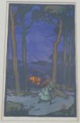 Leslie Moffat Ward RE SGA (1888 - 1978 British), Wood at moonrise, coloured linocut, printed